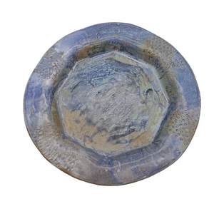 Brutalist 12" Blue Serving Plate Red Clay Stoneware Molten Glaze Studio Signed S